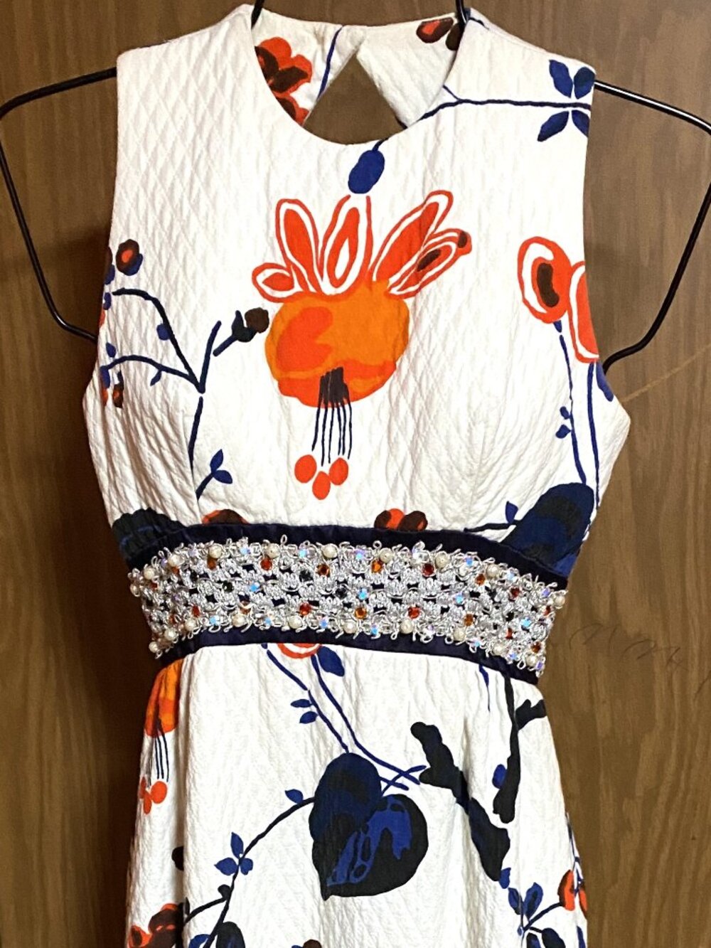 Vintage Orange/Blue/Black Print Maxi Dress Open Back-Rhinestone Waistband-Small